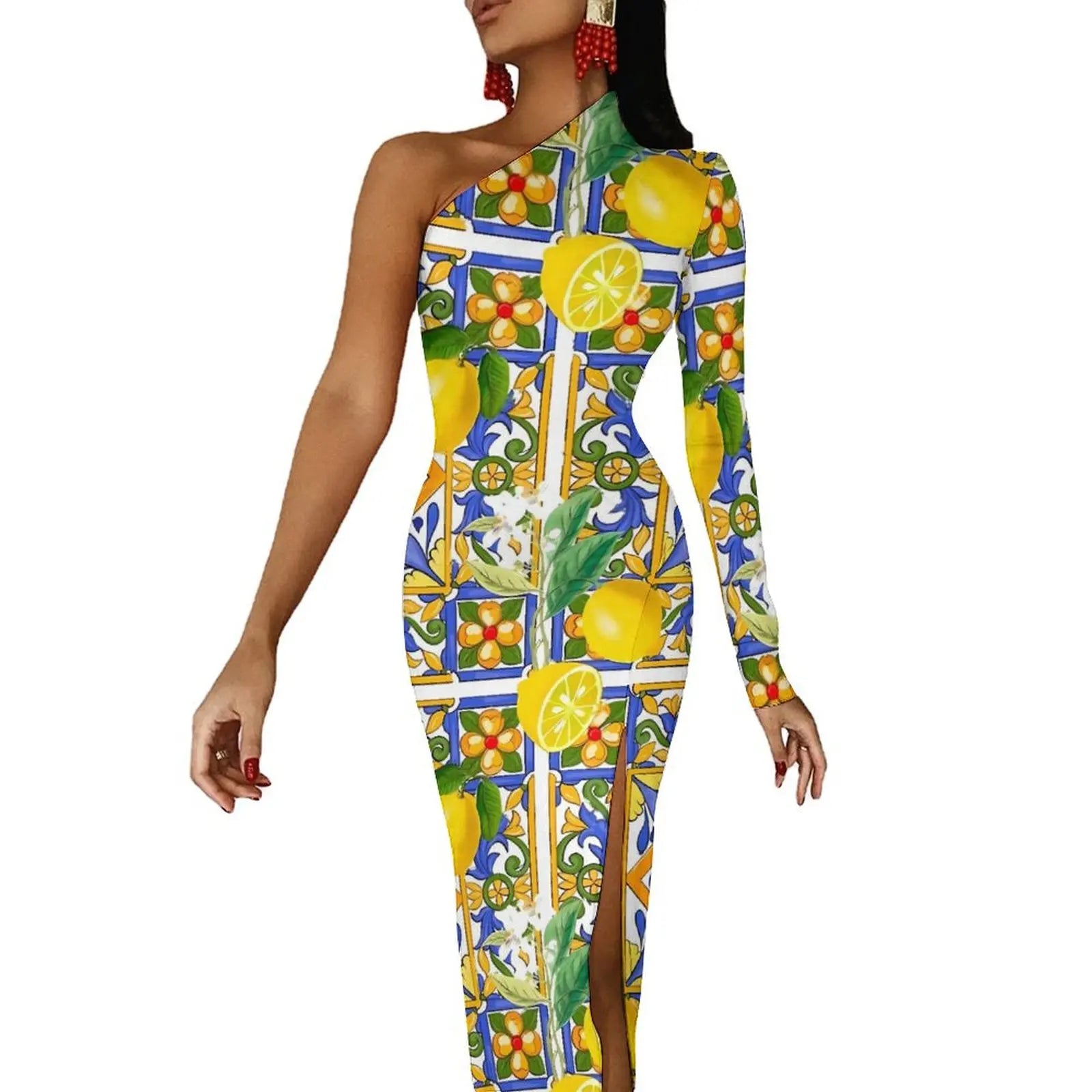 Long Sleeve Pattern Fruit Print Retro High Slit Bodycon Dress