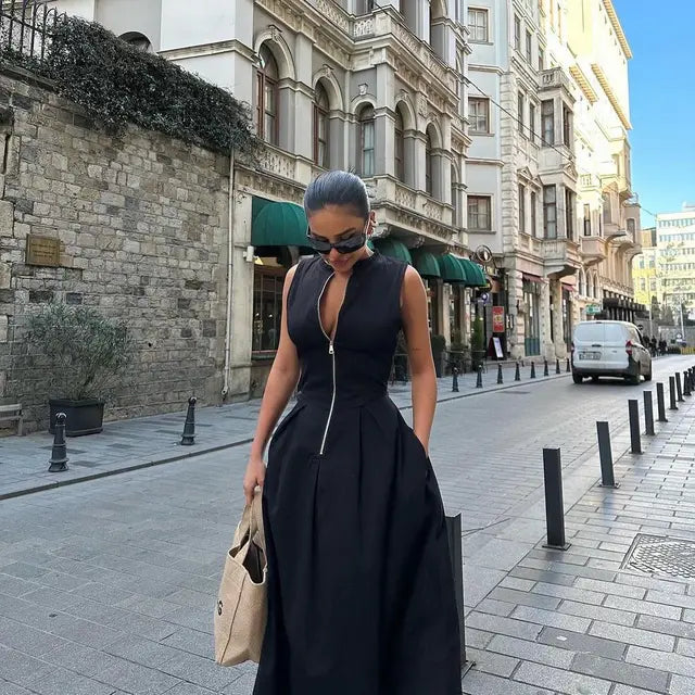 Summer Elegant Solid Sleeveless V-neck Zipper Maxi Dress
