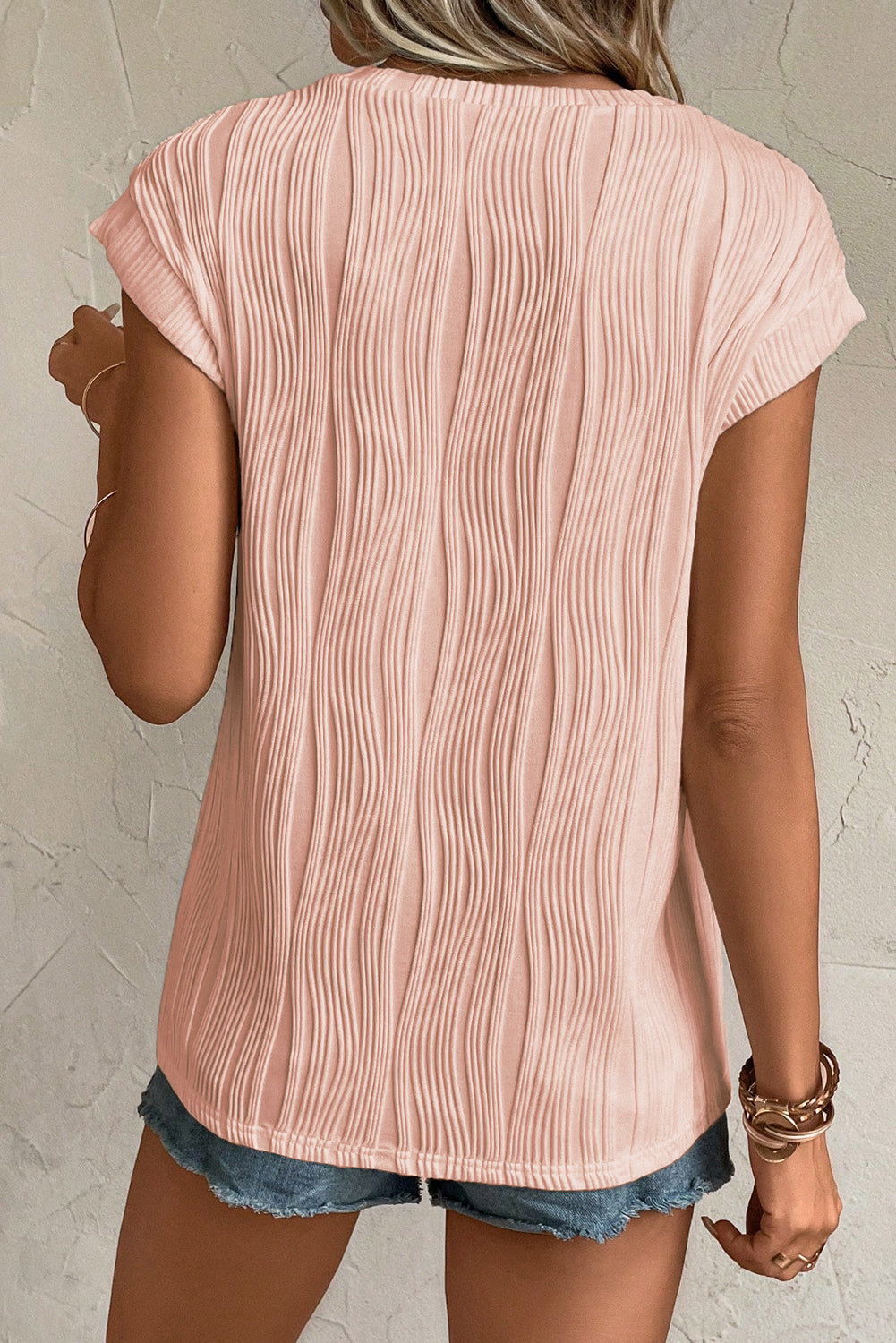 Pink Solid Color Wavy Textured Cap Sleeve Top