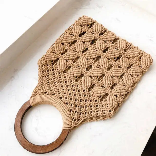 Spring and Summer Woven Wooden Handle Ring Handbag