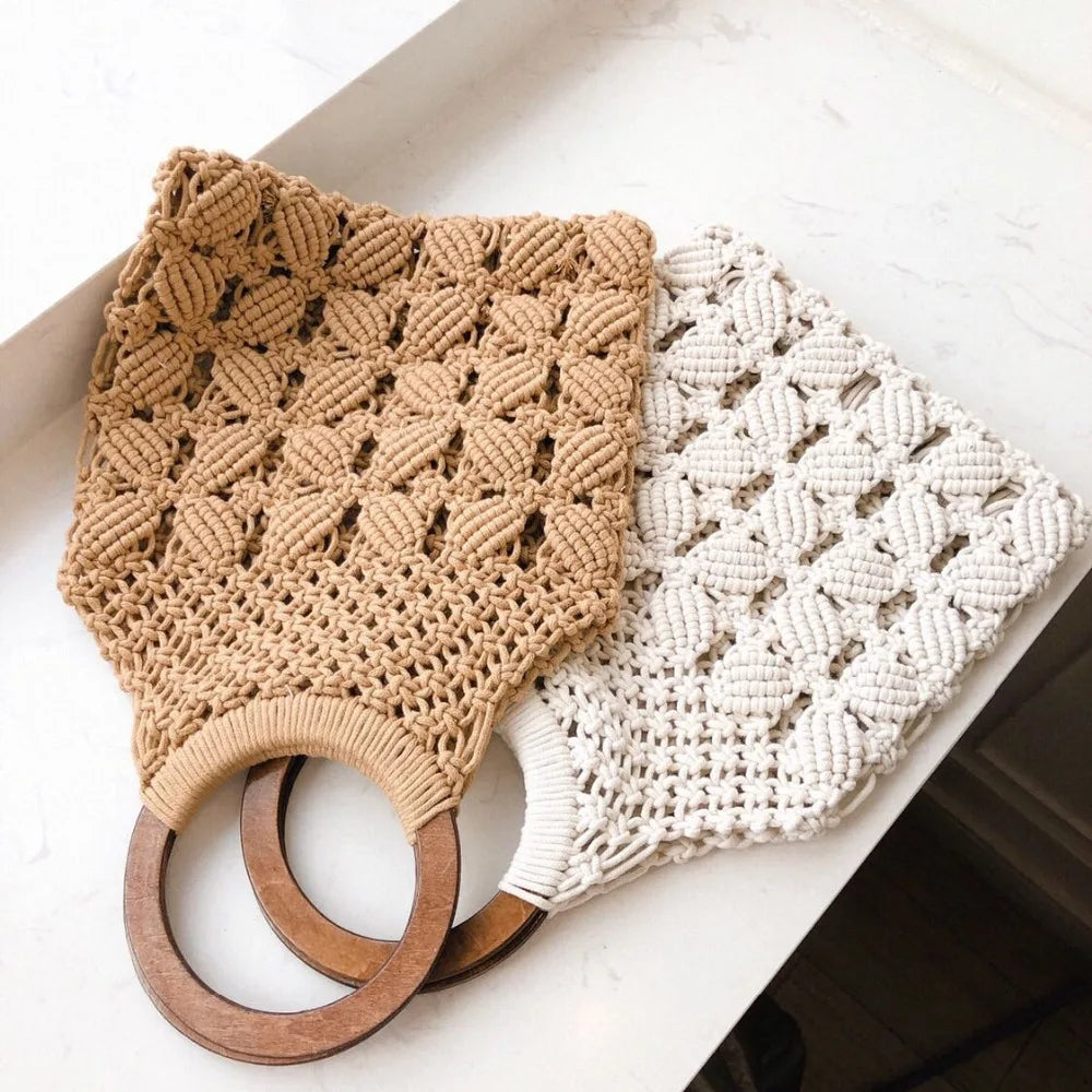 Spring and Summer Woven Wooden Handle Ring Handbag