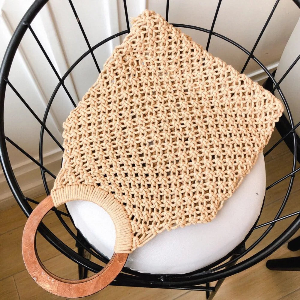 Spring and Summer Woven Wooden Handle Ring Handbag