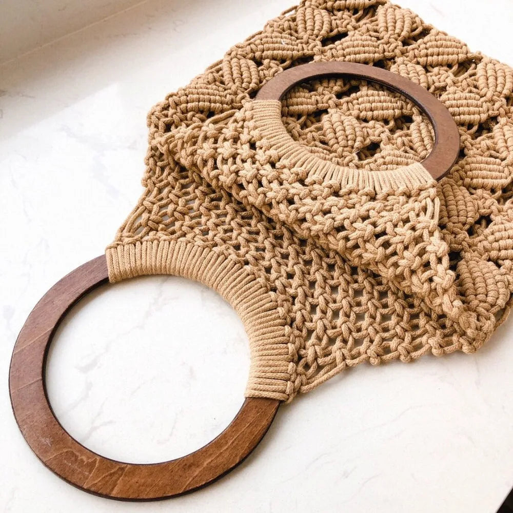 Spring and Summer Woven Wooden Handle Ring Handbag