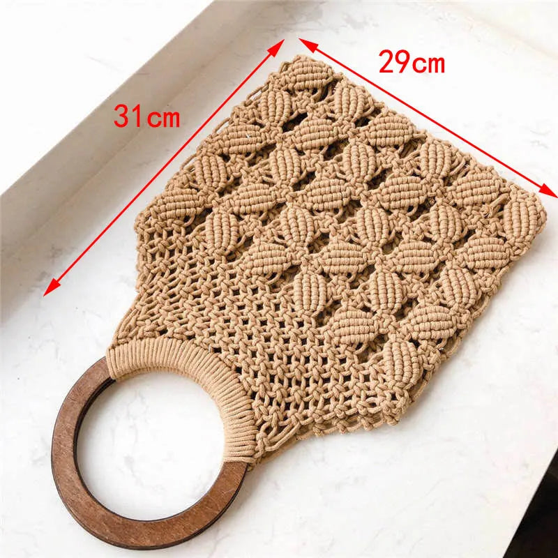 Spring and Summer Woven Wooden Handle Ring Handbag