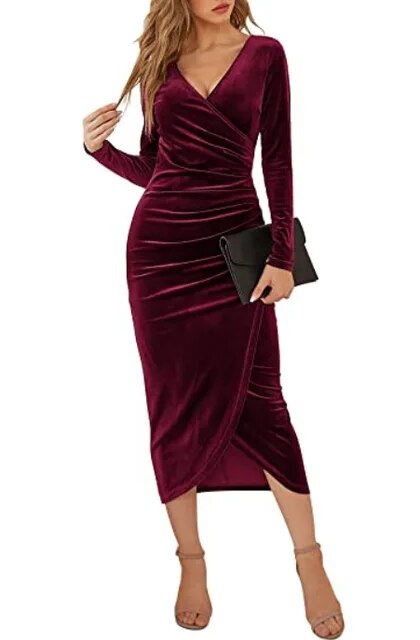 Autumn Velvet Bodycon  Long Sleeve Ruched Slim Fit Dress