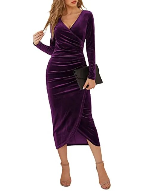 Autumn Velvet Bodycon  Long Sleeve Ruched Slim Fit Dress