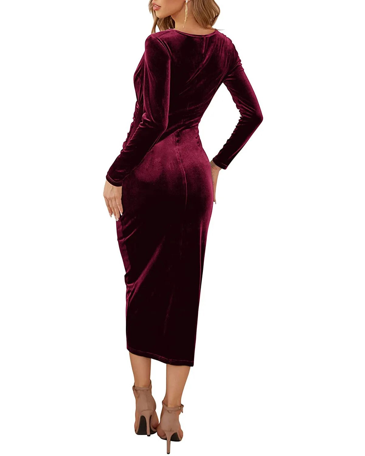 Autumn Velvet Bodycon  Long Sleeve Ruched Slim Fit Dress