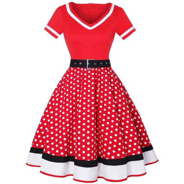 Polka Dot Print Short Sleeve Vintage 50s 60s Party Dress With Belt