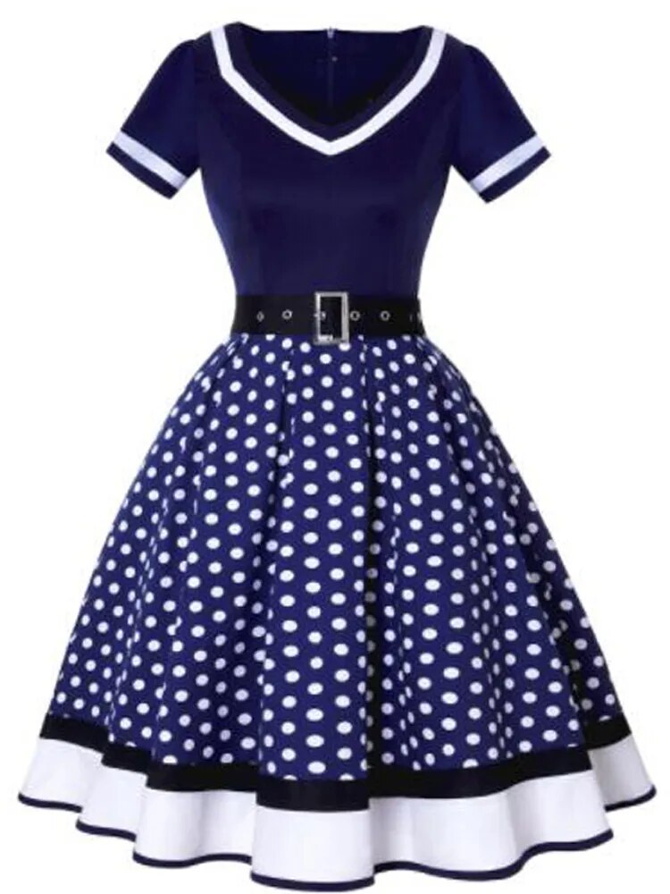 Polka Dot Print Short Sleeve Vintage 50s 60s Party Dress With Belt