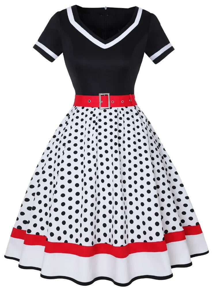 Polka Dot Print Short Sleeve Vintage 50s 60s Party Dress With Belt