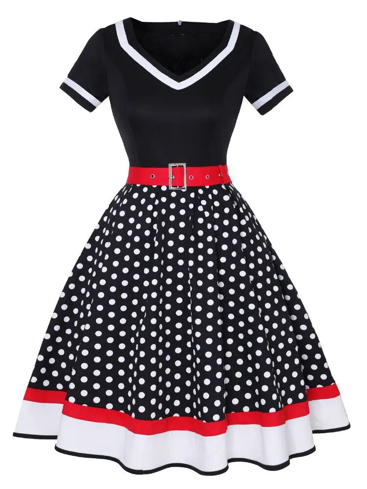 Polka Dot Print Short Sleeve Vintage 50s 60s Party Dress With Belt