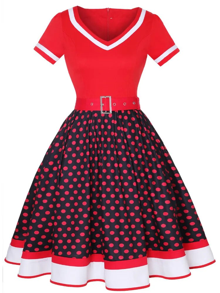 Polka Dot Print Short Sleeve Vintage 50s 60s Party Dress With Belt