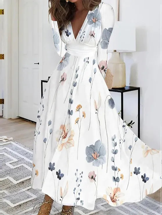 Autumn Elegant V-neck Temperament Long Sleeve Slim Print Dress