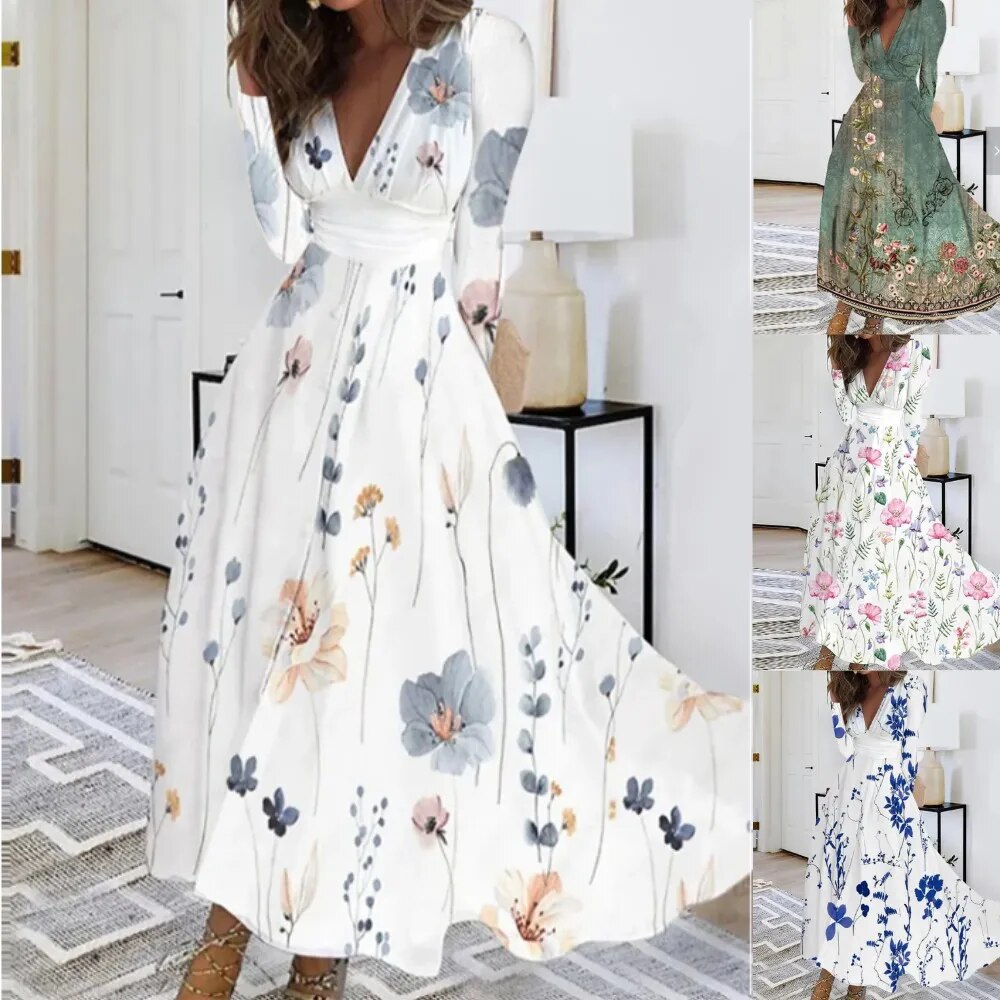 Autumn Elegant V-neck Temperament Long Sleeve Slim Print Dress