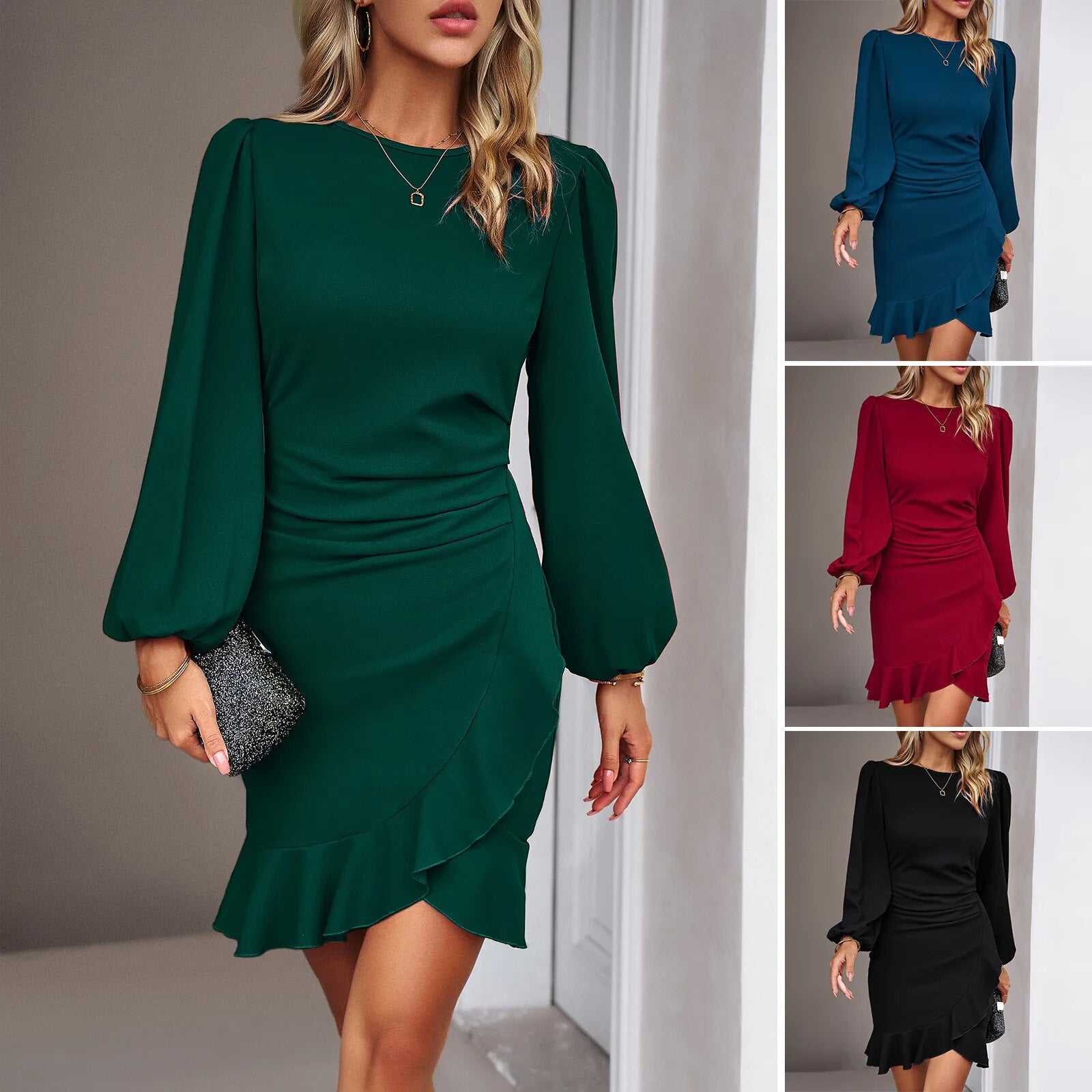 2023 Autumn Winter New Bubble Sleeve Solid Dress