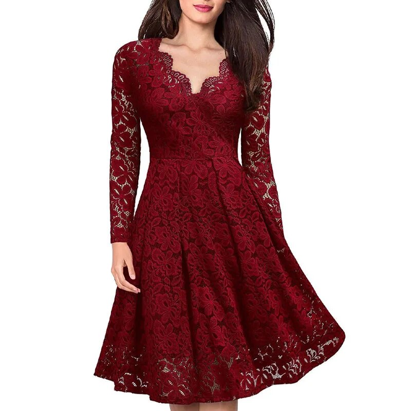 2023 Autumn  Elegant Sexy Solid Lace V-Neck Large Swing Flowing Comfortable Versatile Dress