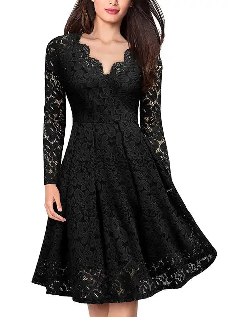 2023 Autumn  Elegant Sexy Solid Lace V-Neck Large Swing Flowing Comfortable Versatile Dress