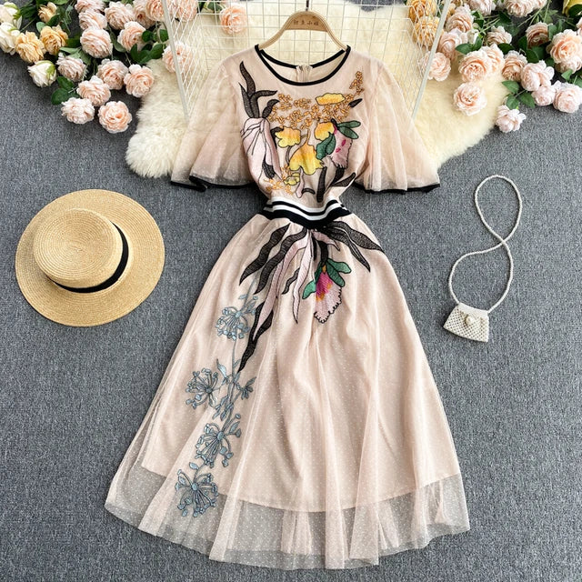 2023  Summer Vintage Luxury Embroidery Flower Ruffles Mesh Dress