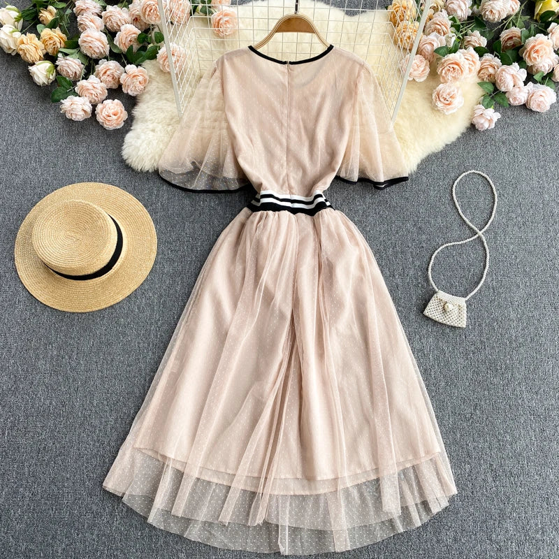 2023  Summer Vintage Luxury Embroidery Flower Ruffles Mesh Dress