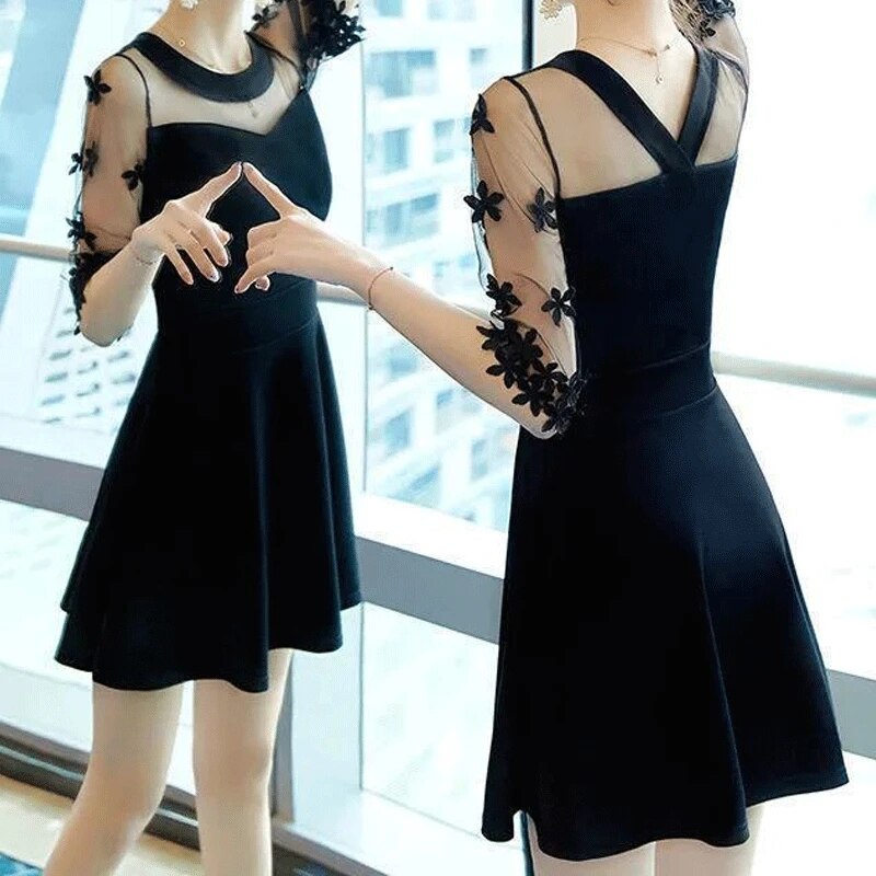 Solid Color  Thin Spliced Gauze Round Neck Short Sleeve Dress