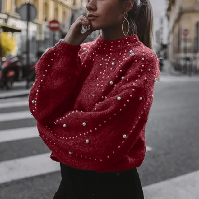 Winter Solid Mock Neck Long Sleeve Pearl Knitted Sweater