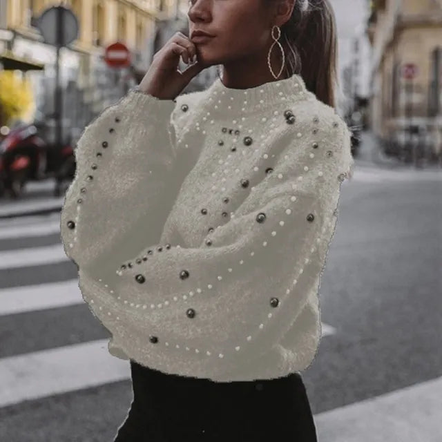 Winter Solid Mock Neck Long Sleeve Pearl Knitted Sweater