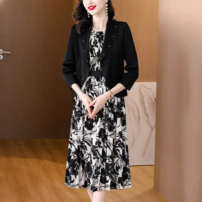 2023 Autumn Pleated Suit Coat Dress Two Piece Set