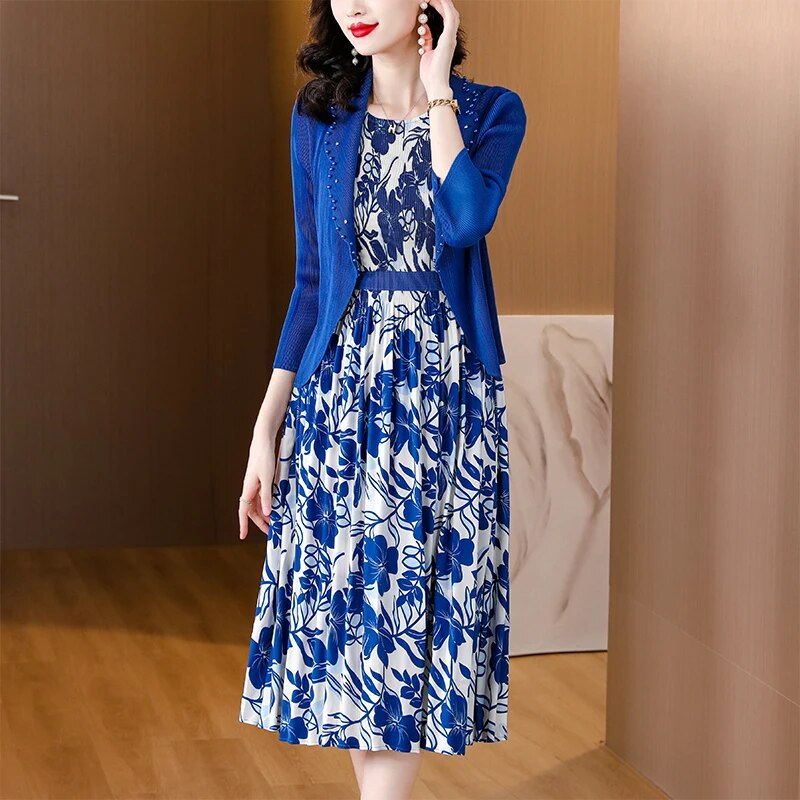 2023 Autumn Pleated Suit Coat Dress Two Piece Set