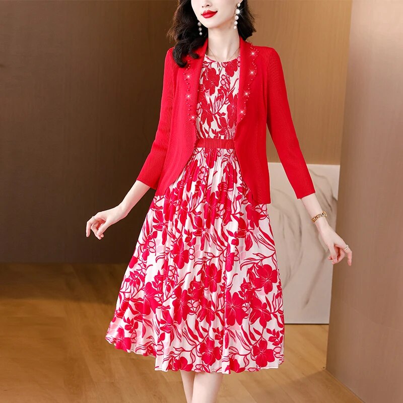 2023 Autumn Pleated Suit Coat Dress Two Piece Set