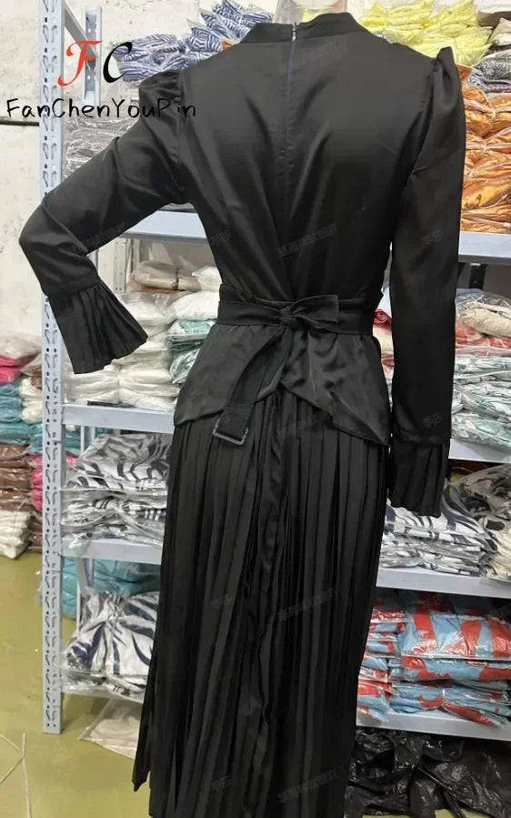 2024 Spring Summer New Solid Color Fashion Vintage Pleated  Dress