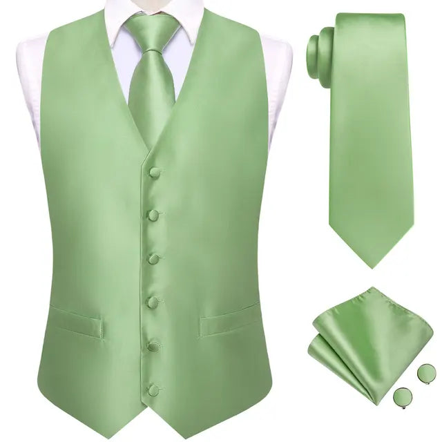 Solid Silk Suit Vests 4PC Woven Waistcoat Tie Pocket Square Cufflinks 2