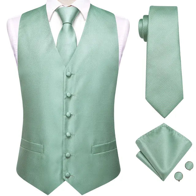 Solid Silk Suit Vests 4PC Woven Waistcoat Tie Pocket Square Cufflinks 2