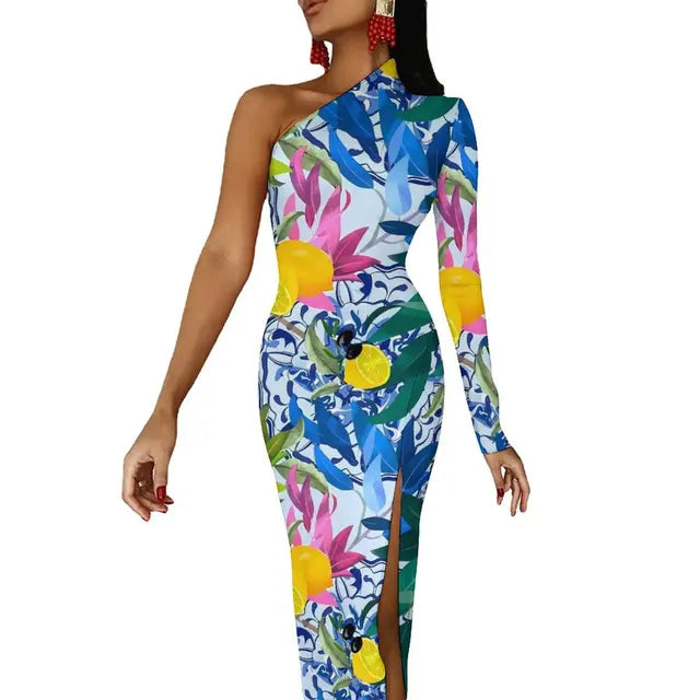 Long Sleeve Pattern Fruit Print Retro High Slit Bodycon Dress