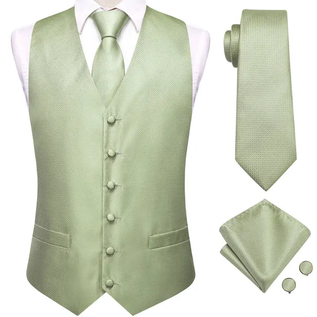 Solid Silk Suit Vests 4PC Woven Waistcoat Tie Pocket Square Cufflinks 2