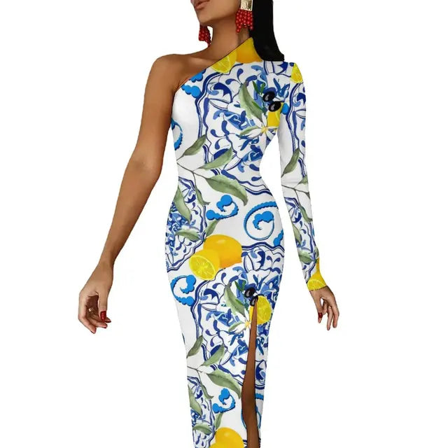 Long Sleeve Pattern Fruit Print Retro High Slit Bodycon Dress