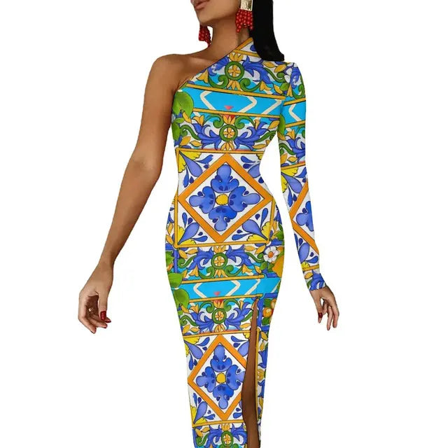Long Sleeve Pattern Fruit Print Retro High Slit Bodycon Dress