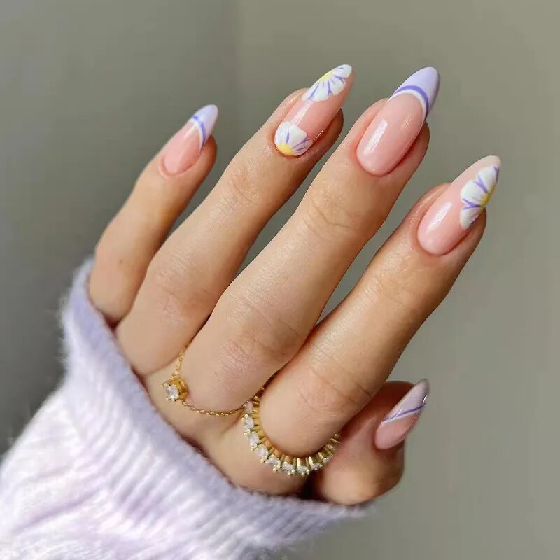 24 Pcs False Nails Almond Flower Print Nail Tips