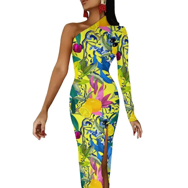 Long Sleeve Pattern Fruit Print Retro High Slit Bodycon Dress