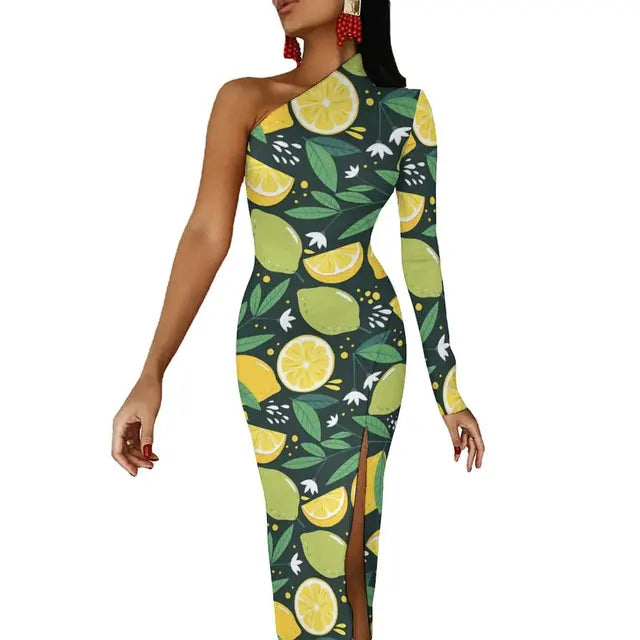 Long Sleeve Pattern Fruit Print Retro High Slit Bodycon Dress