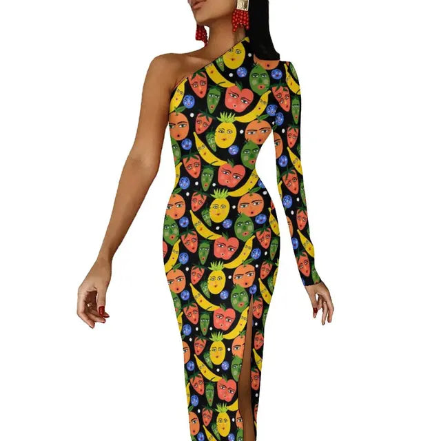 Long Sleeve Pattern Fruit Print Retro High Slit Bodycon Dress