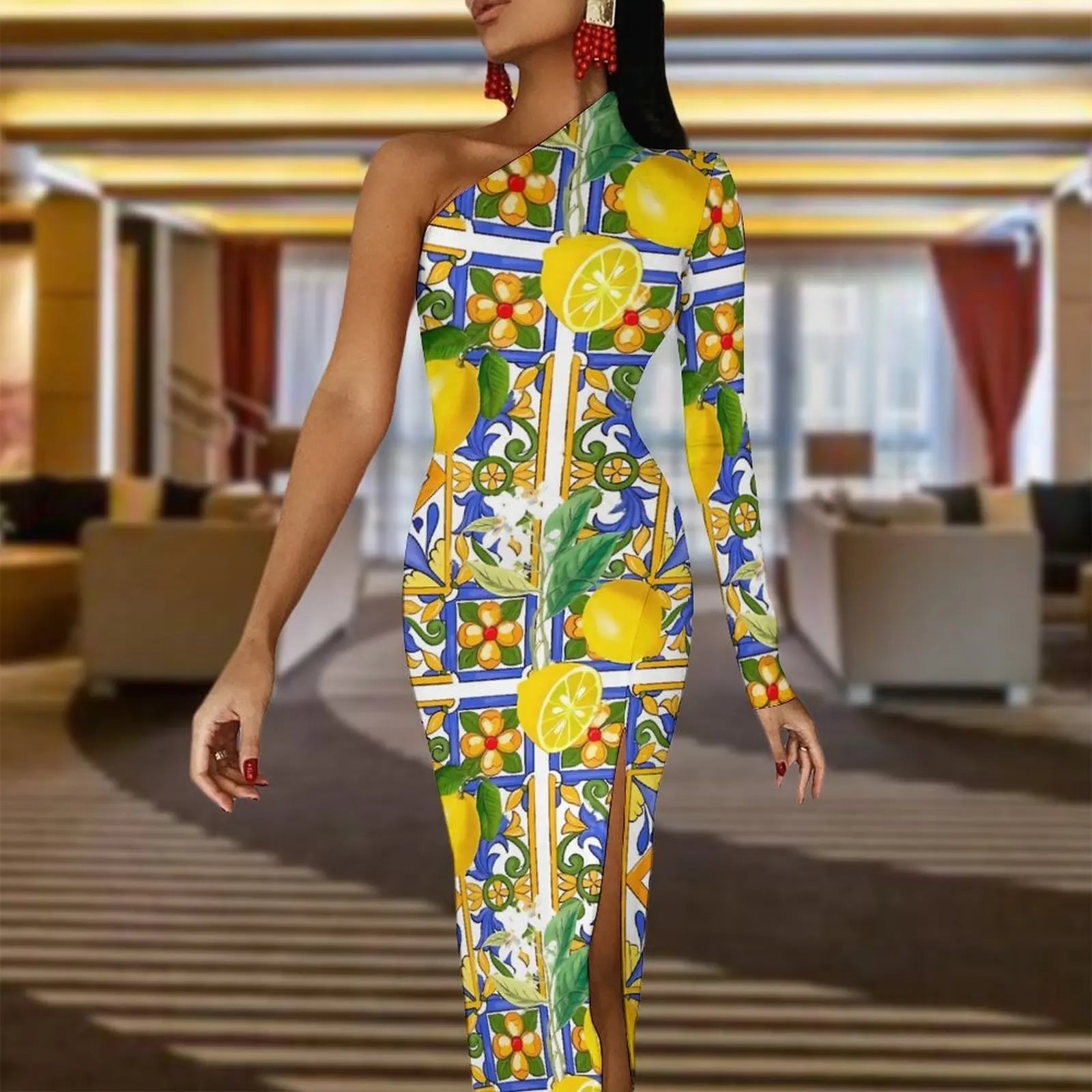 Long Sleeve Pattern Fruit Print Retro High Slit Bodycon Dress