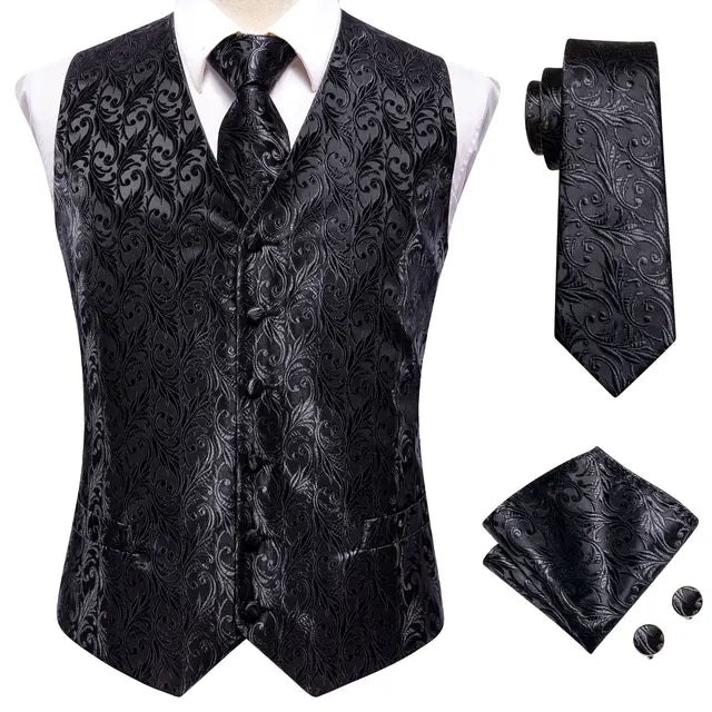 Solid Silk Suit Vests 4PC Woven Waistcoat Tie Pocket Square Cufflinks 2