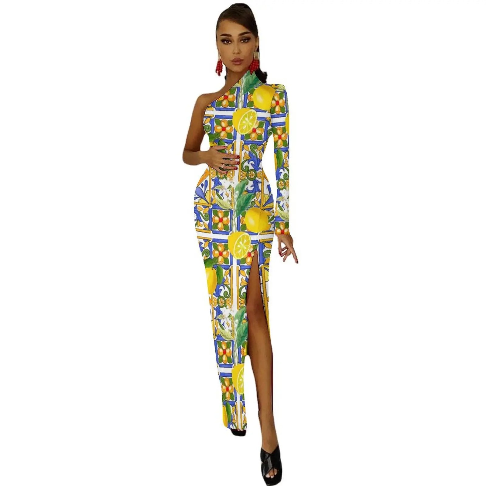 Long Sleeve Pattern Fruit Print Retro High Slit Bodycon Dress