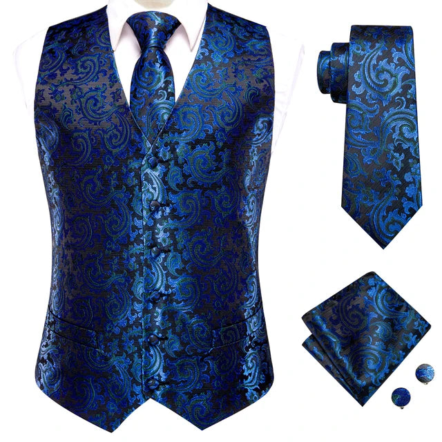 Solid Silk Suit Vests 4PC Woven Waistcoat Tie Pocket Square Cufflinks 2