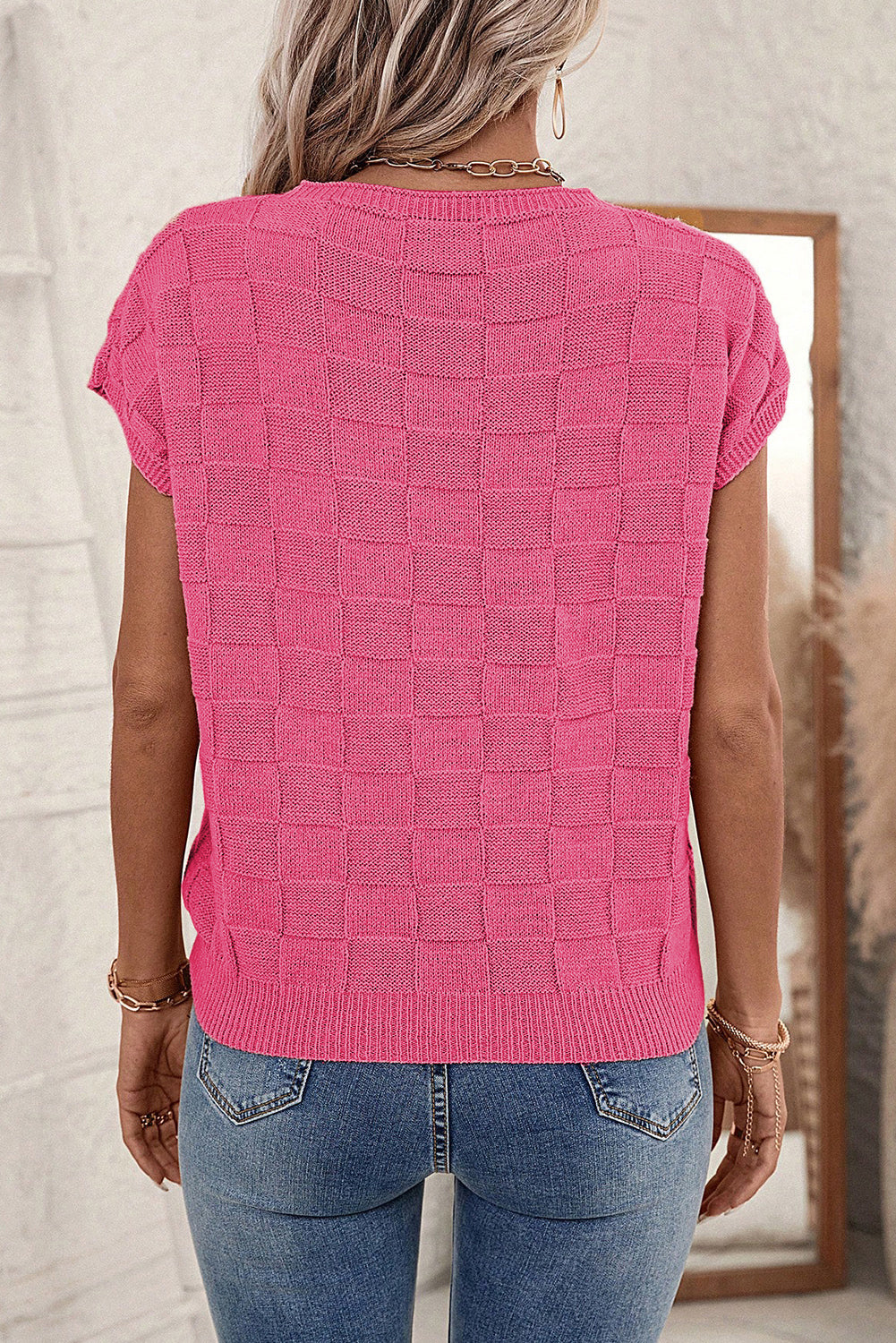 Dusty Pink Lattice Textured Knit Short Sleeve Baggy Sweater