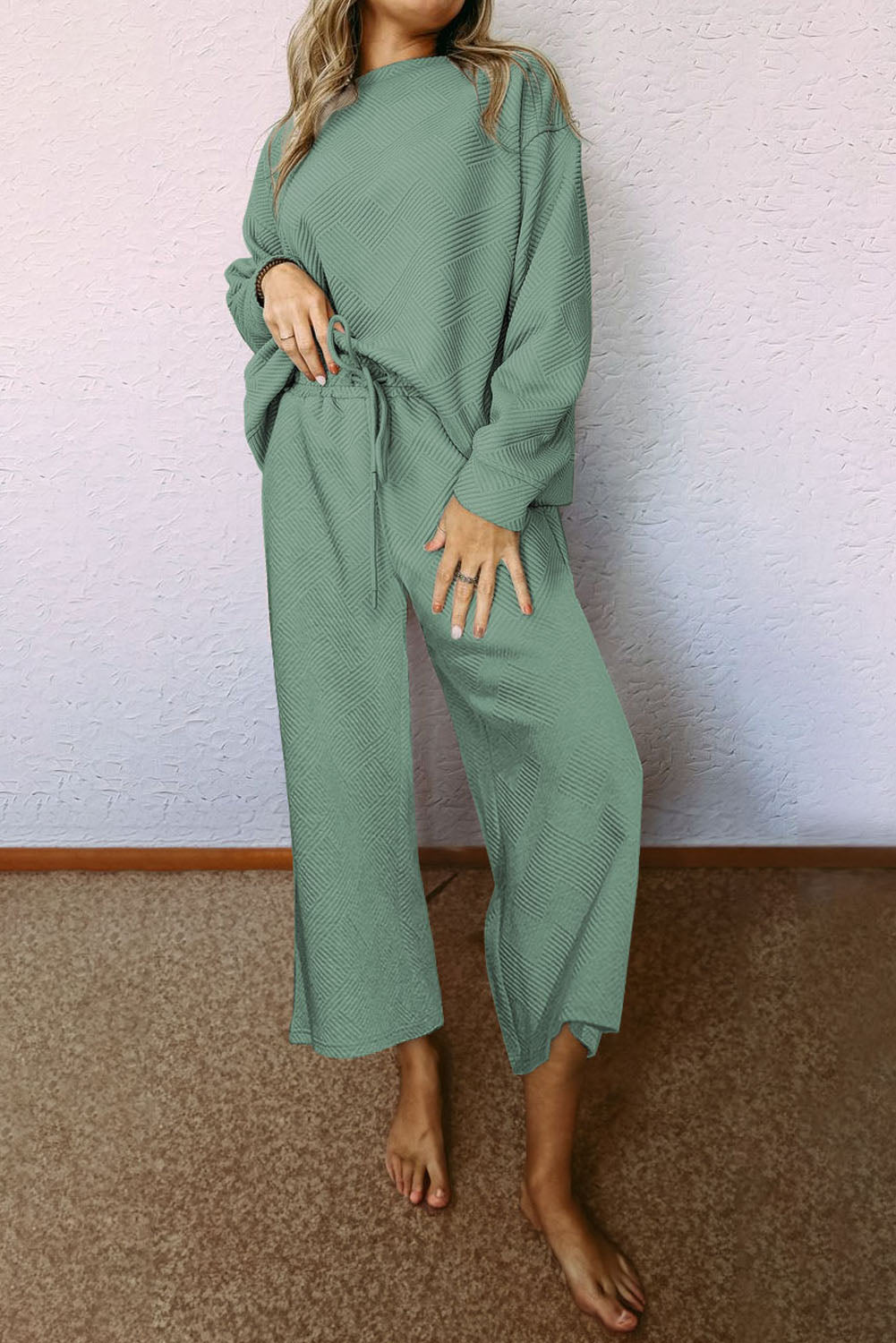 Black Textured Loose Slouchy Long Sleeve Top and Pants Set