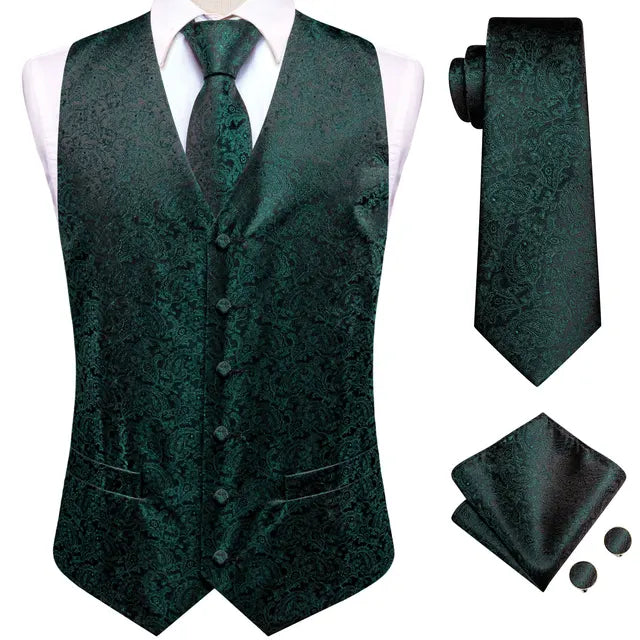 Solid Silk Suit Vests 4PC Woven Waistcoat Tie Pocket Square Cufflinks 2