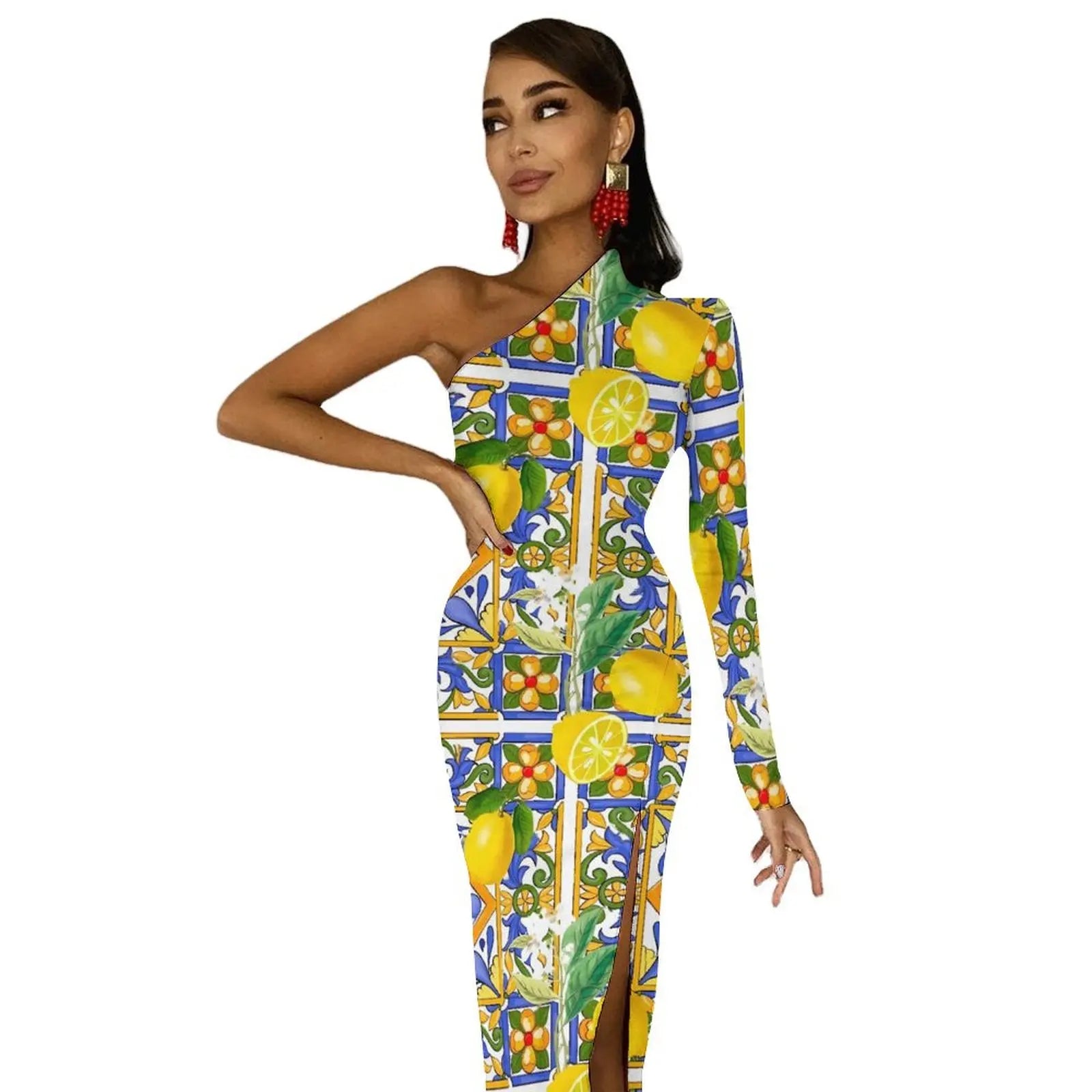 Long Sleeve Pattern Fruit Print Retro High Slit Bodycon Dress