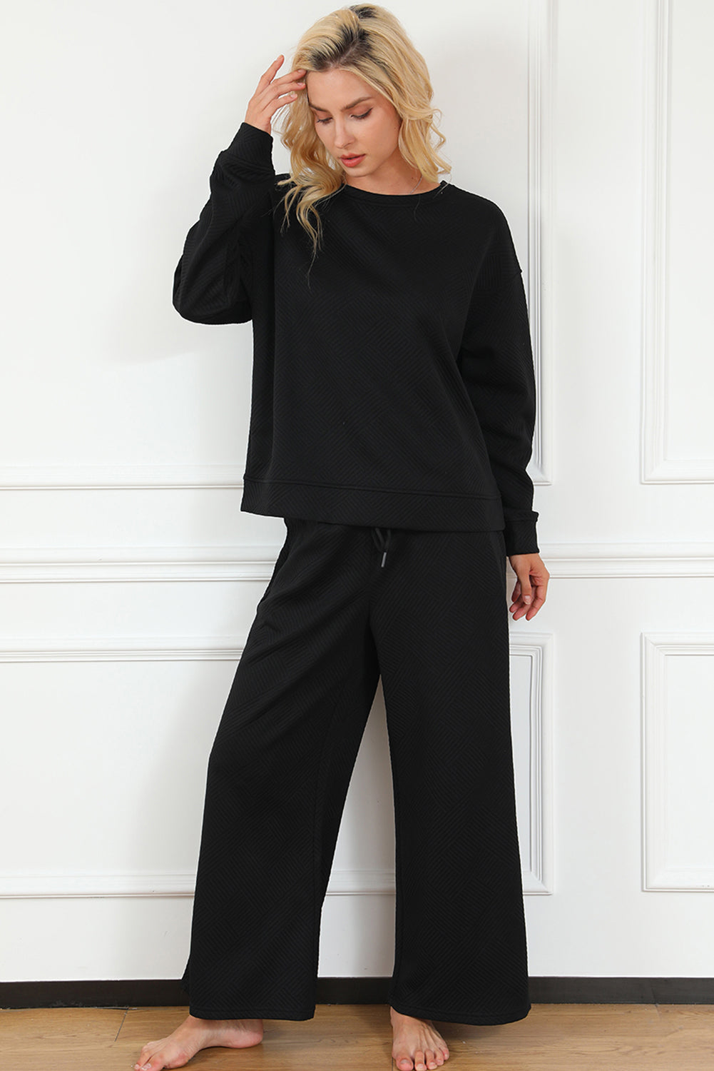 Black Textured Loose Slouchy Long Sleeve Top and Pants Set
