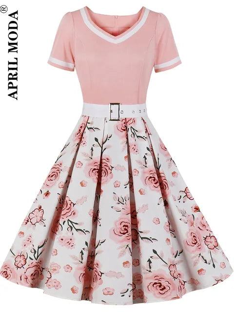 50s 60s Vintage Polka Dot Print Short Sleeve Hepburn Party Dress With Belt